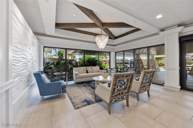 180 Seaview Ct Unit 814, Marco Island, FL 34145 - living area featuring beamed ceiling, a notable chandelier, plenty of natural light, and coffered ceiling