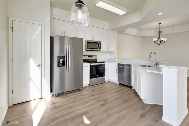 kitchen with appliances with stainless steel finishes, hanging light fixtures, light wood-type flooring, a sink, and a peninsula