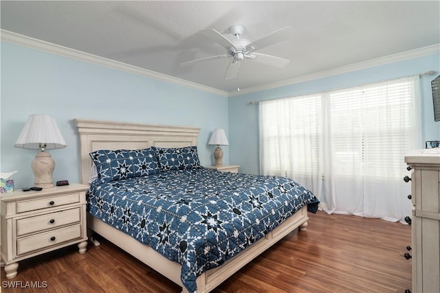 4752 Maupiti Way, Naples, FL 34119 - bedroom with dark wood-type flooring, ornamental molding, multiple windows, and ceiling fan