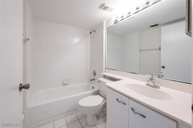 bathroom featuring tile patterned flooring, toilet, vanity, and  shower combination