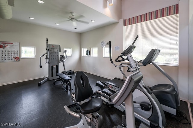 exercise room featuring ceiling fan, recessed lighting, and baseboards