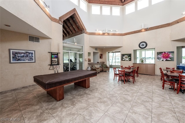 playroom featuring a towering ceiling, plenty of natural light, and billiards table