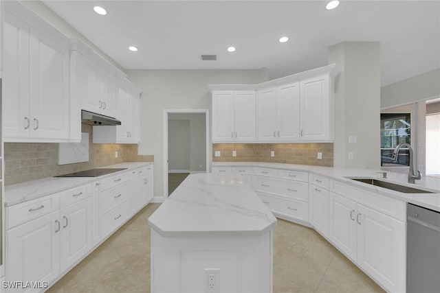 kitchen featuring a sink, stainless steel dishwasher, under cabinet range hood, a kitchen island, and recessed lighting