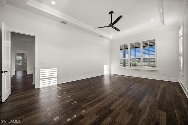 19570 Panther Island Blvd, Estero, FL 33928 - unfurnished room with a raised ceiling, ceiling fan, dark wood finished floors, ornamental molding, and baseboards