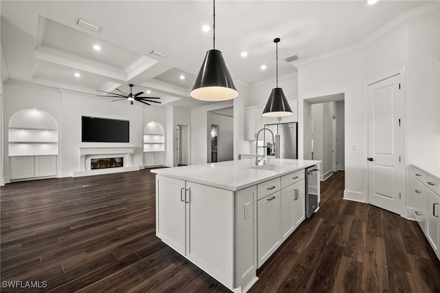 19570 Panther Island Blvd, Estero, FL 33928 - kitchen with a ceiling fan, a sink, crown molding, white cabinets, and dark wood finished floors