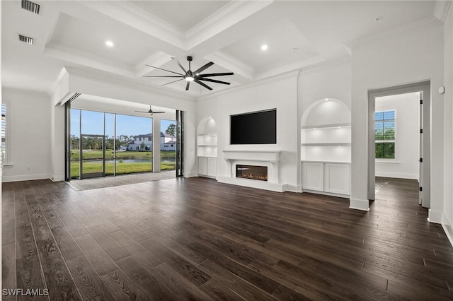 19570 Panther Island Blvd, Estero, FL 33928 - unfurnished living room with dark wood finished floors, a glass covered fireplace, ceiling fan, baseboards, and ornamental molding