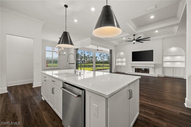 19570 Panther Island Blvd, Estero, FL 33928 - kitchen featuring a sink, dishwasher, white cabinetry, a ceiling fan, and ornamental molding
