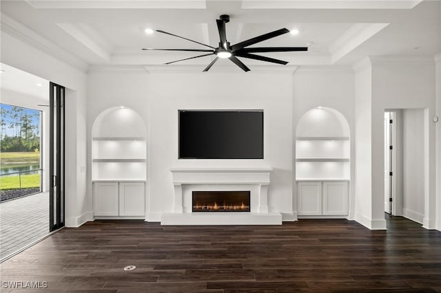 19570 Panther Island Blvd, Estero, FL 33928 - unfurnished living room with built in features, crown molding, ceiling fan, wood finished floors, and recessed lighting