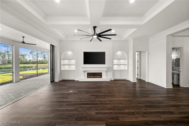 19570 Panther Island Blvd, Estero, FL 33928 - unfurnished living room with a ceiling fan, crown molding, dark wood finished floors, built in shelves, and a lit fireplace