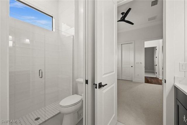 19570 Panther Island Blvd, Estero, FL 33928 - full bathroom with a stall shower, vanity, ornamental molding, and toilet