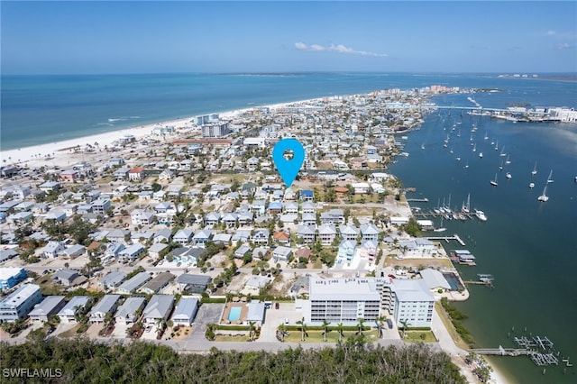 drone / aerial view featuring a water view