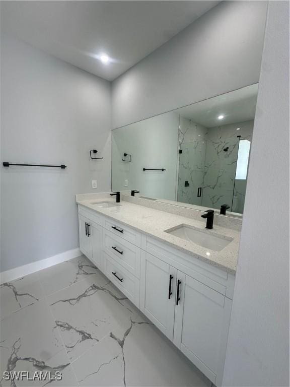 178 Mcarthur Blvd, Lehigh Acres, FL 33974 - full bathroom with a marble finish shower, marble finish floors, double vanity, and recessed lighting