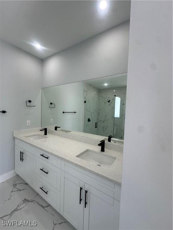 178 Mcarthur Blvd, Lehigh Acres, FL 33974 - bathroom with a marble finish shower, double vanity, recessed lighting, and marble look tile flooring