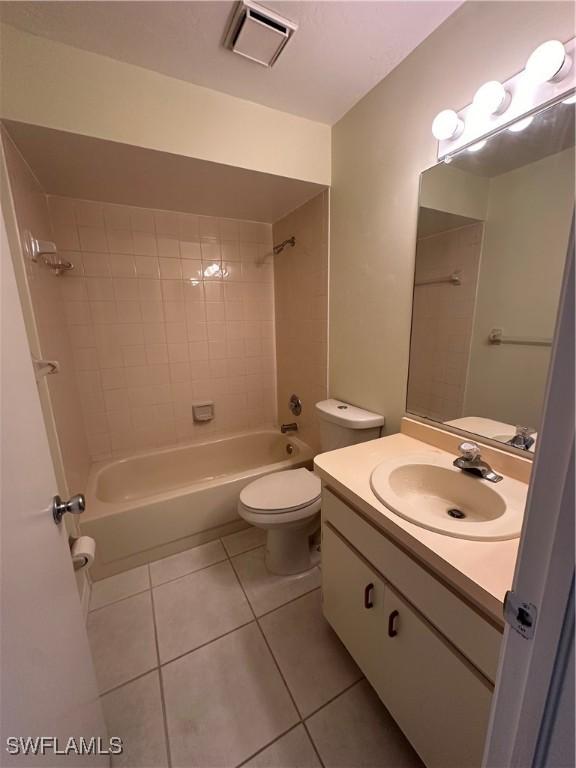 full bath with shower / tub combination, tile patterned flooring, vanity, toilet, and visible vents