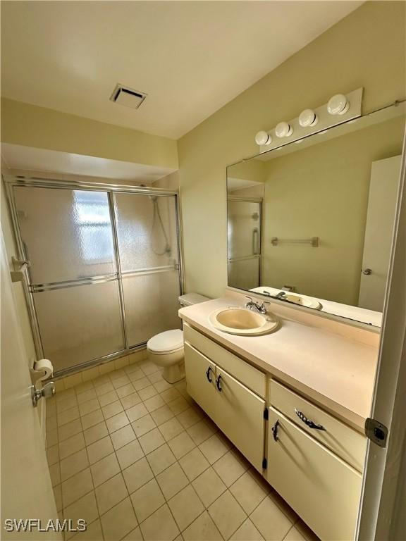 full bathroom with vanity, visible vents, toilet, tile patterned floors, and a stall shower