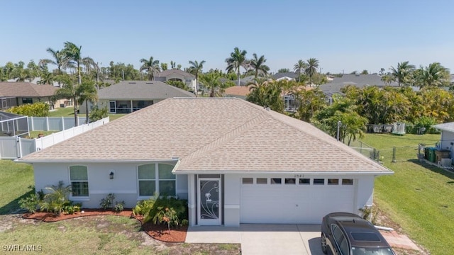 2847 SW 26th Pl, Cape Coral, FL 33914 - single story home featuring a shingled roof, a front lawn, a garage, a fenced backyard, and concrete driveway