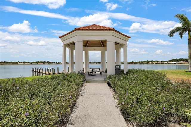 dock with a gazebo and a water view