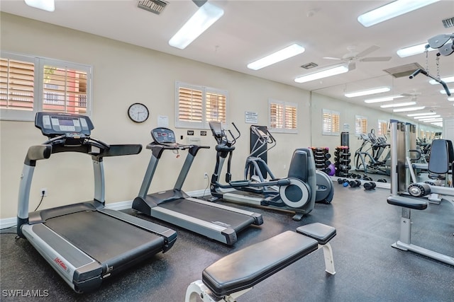 workout area featuring visible vents, a ceiling fan, and baseboards