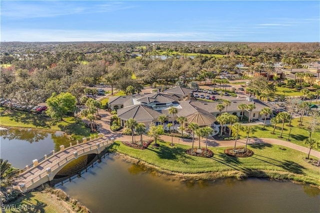 bird's eye view featuring a water view and a residential view