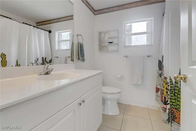 full bath with vanity, toilet, and tile patterned flooring