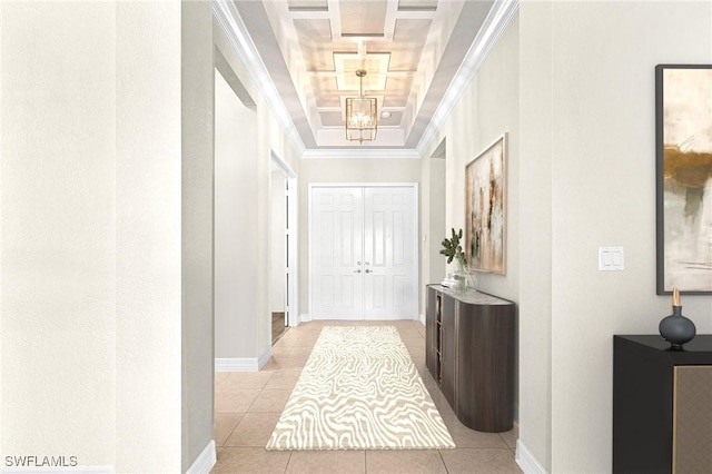 3454 Pacific Dr, Naples, FL 34119 - hallway with light tile patterned floors, a chandelier, baseboards, and crown molding