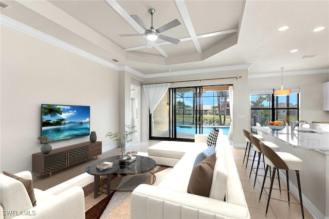 3454 Pacific Dr, Naples, FL 34119 - living area featuring light tile patterned floors, a ceiling fan, recessed lighting, baseboards, and ornamental molding