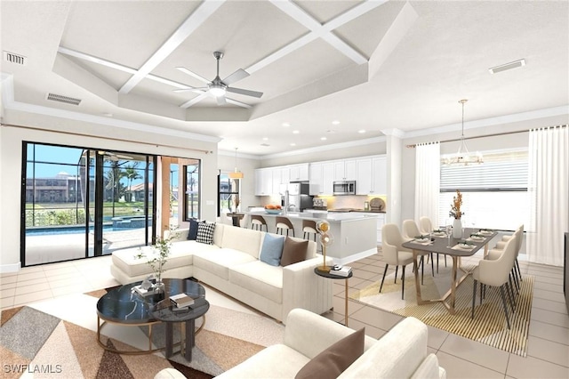 3454 Pacific Dr, Naples, FL 34119 - living room featuring light tile patterned flooring, crown molding, coffered ceiling, ceiling fan, and recessed lighting