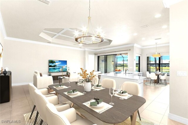 3454 Pacific Dr, Naples, FL 34119 - dining space with a chandelier, light tile patterned flooring, ornamental molding, recessed lighting, and baseboards