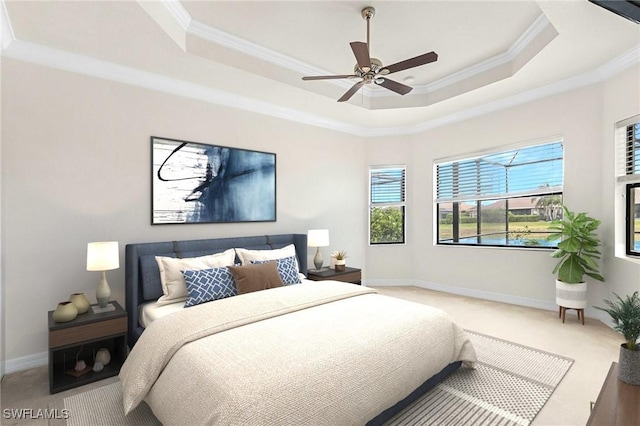3454 Pacific Dr, Naples, FL 34119 - carpeted bedroom featuring crown molding, a raised ceiling, baseboards, and a ceiling fan