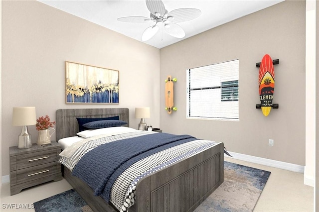 3454 Pacific Dr, Naples, FL 34119 - bedroom featuring baseboards, light carpet, and a ceiling fan