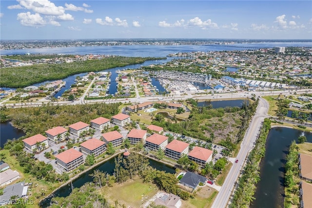 drone / aerial view with a water view