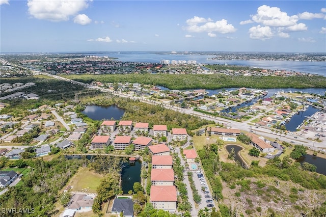 drone / aerial view featuring a water view