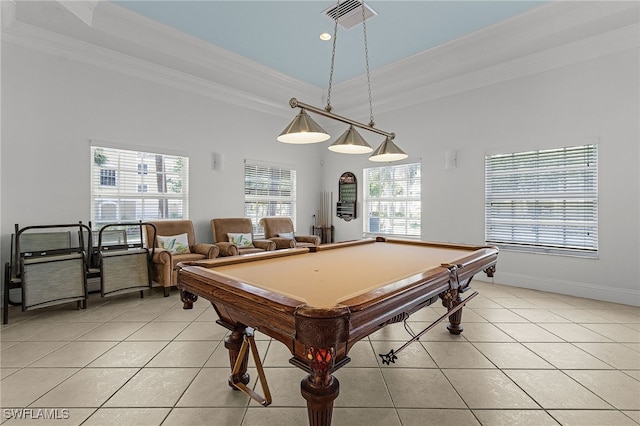 playroom featuring pool table, baseboards, ornamental molding, visible vents, and light tile patterned flooring