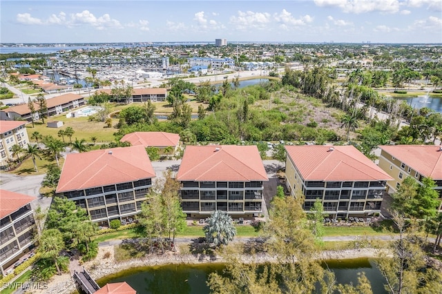 bird's eye view with a water view