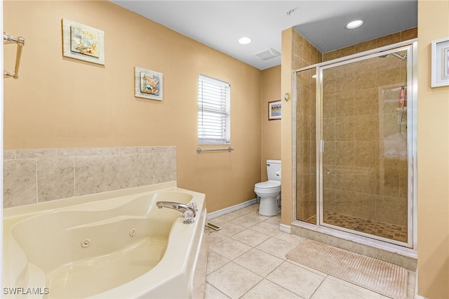 full bath featuring toilet, a tub with jets, tile patterned floors, a shower stall, and baseboards