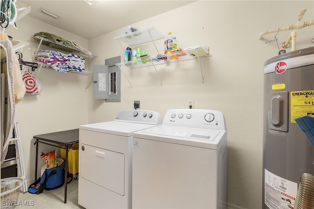 laundry area with electric panel, electric water heater, laundry area, and independent washer and dryer