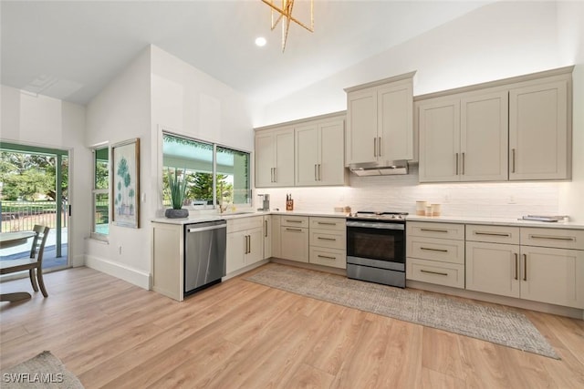 kitchen with exhaust hood, a wealth of natural light, decorative backsplash, light countertops, and appliances with stainless steel finishes