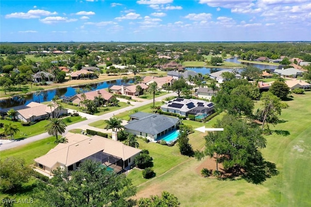 aerial view with a water view and a residential view