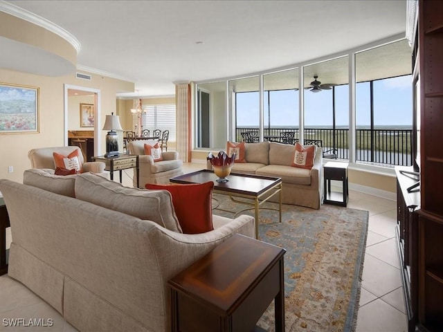 1050 Borghese Ln Unit 1804, Naples, FL 34114 - living room with a water view, tile patterned floors, crown molding, visible vents, and a chandelier