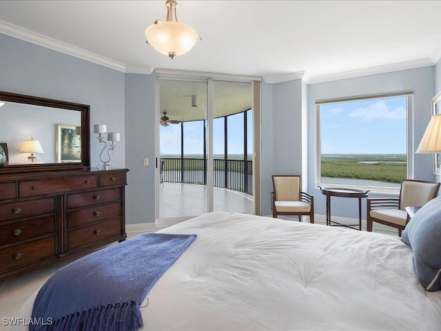 1050 Borghese Ln Unit 1804, Naples, FL 34114 - bedroom with a water view, baseboards, access to outside, and crown molding