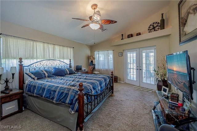 2128 SW 28th Ln, Cape Coral, FL 33914 - carpeted bedroom featuring french doors, visible vents, ceiling fan, access to outside, and lofted ceiling