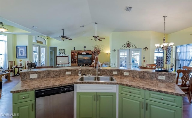 2128 SW 28th Ln, Cape Coral, FL 33914 - kitchen featuring stainless steel dishwasher, french doors, open floor plan, and a sink