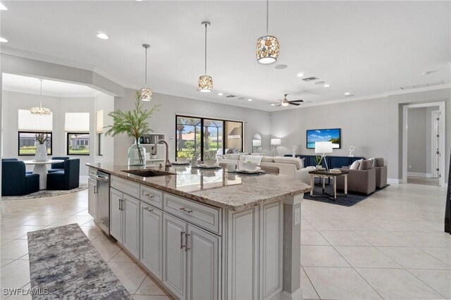 4437 Tamarind Way, Naples, FL 34119 - kitchen featuring light tile patterned flooring, recessed lighting, open floor plan, ornamental molding, and ceiling fan