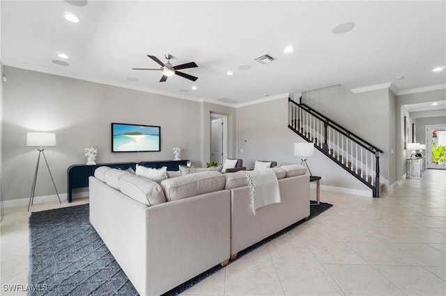 4437 Tamarind Way, Naples, FL 34119 - living area with recessed lighting, light tile patterned floors, stairway, a ceiling fan, and baseboards
