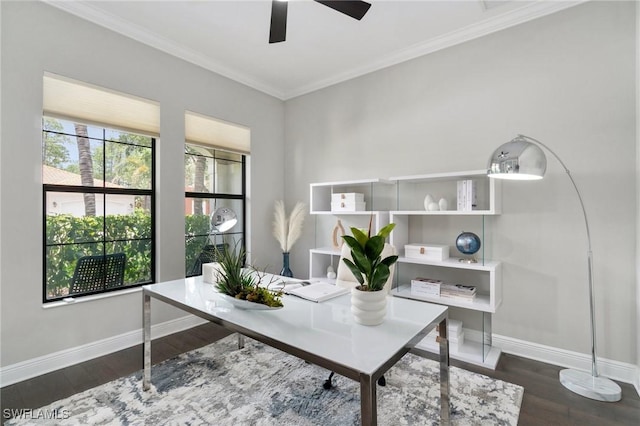 4437 Tamarind Way, Naples, FL 34119 - office area featuring baseboards, wood finished floors, crown molding, and ceiling fan