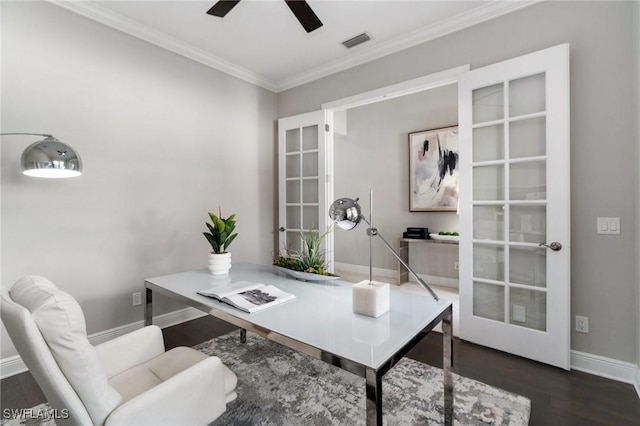 4437 Tamarind Way, Naples, FL 34119 - home office with french doors, wood finished floors, ornamental molding, a ceiling fan, and baseboards