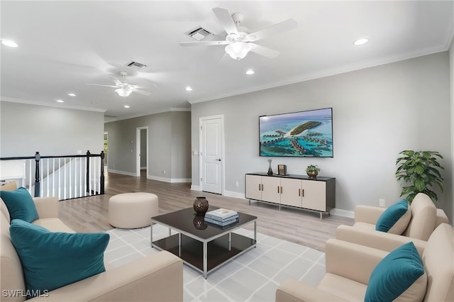 4437 Tamarind Way, Naples, FL 34119 - living area featuring recessed lighting, a ceiling fan, baseboards, light wood-style flooring, and ornamental molding