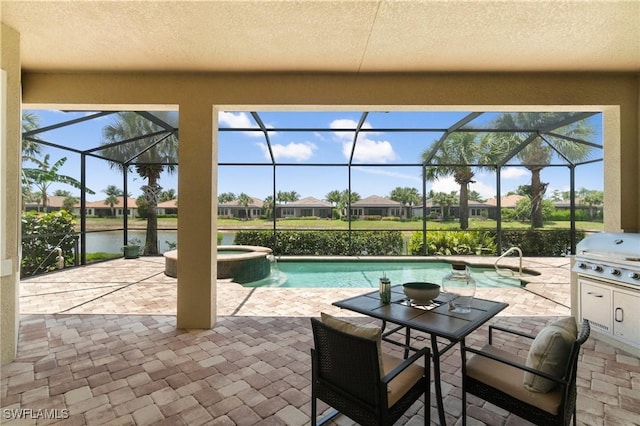 4437 Tamarind Way, Naples, FL 34119 - view of patio / terrace featuring area for grilling, a pool with connected hot tub, glass enclosure, and a residential view