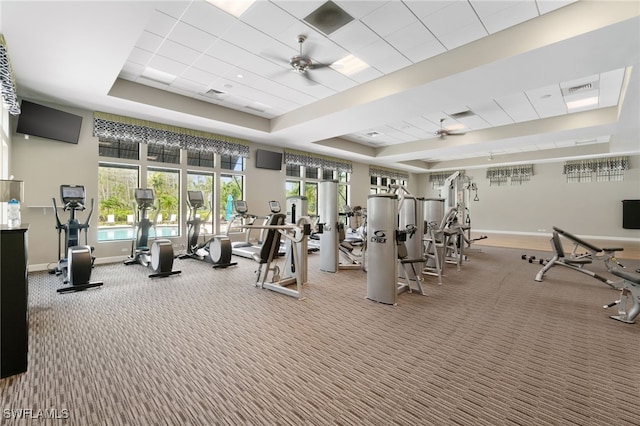 4437 Tamarind Way, Naples, FL 34119 - workout area with a tray ceiling, baseboards, and carpet