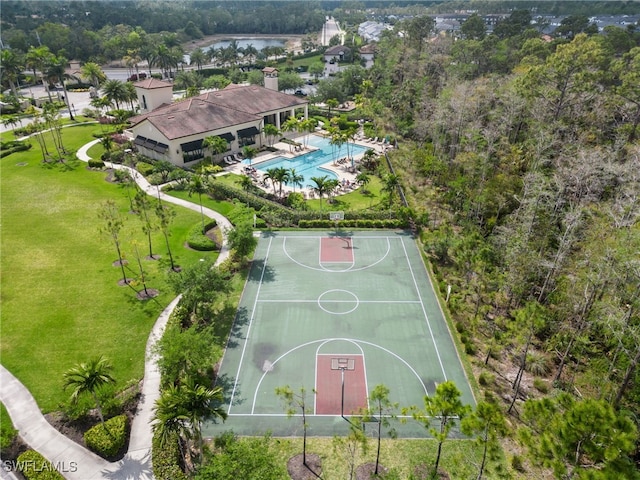4437 Tamarind Way, Naples, FL 34119 - view of basketball court featuring a lawn, a community pool, community basketball court, and a water view
